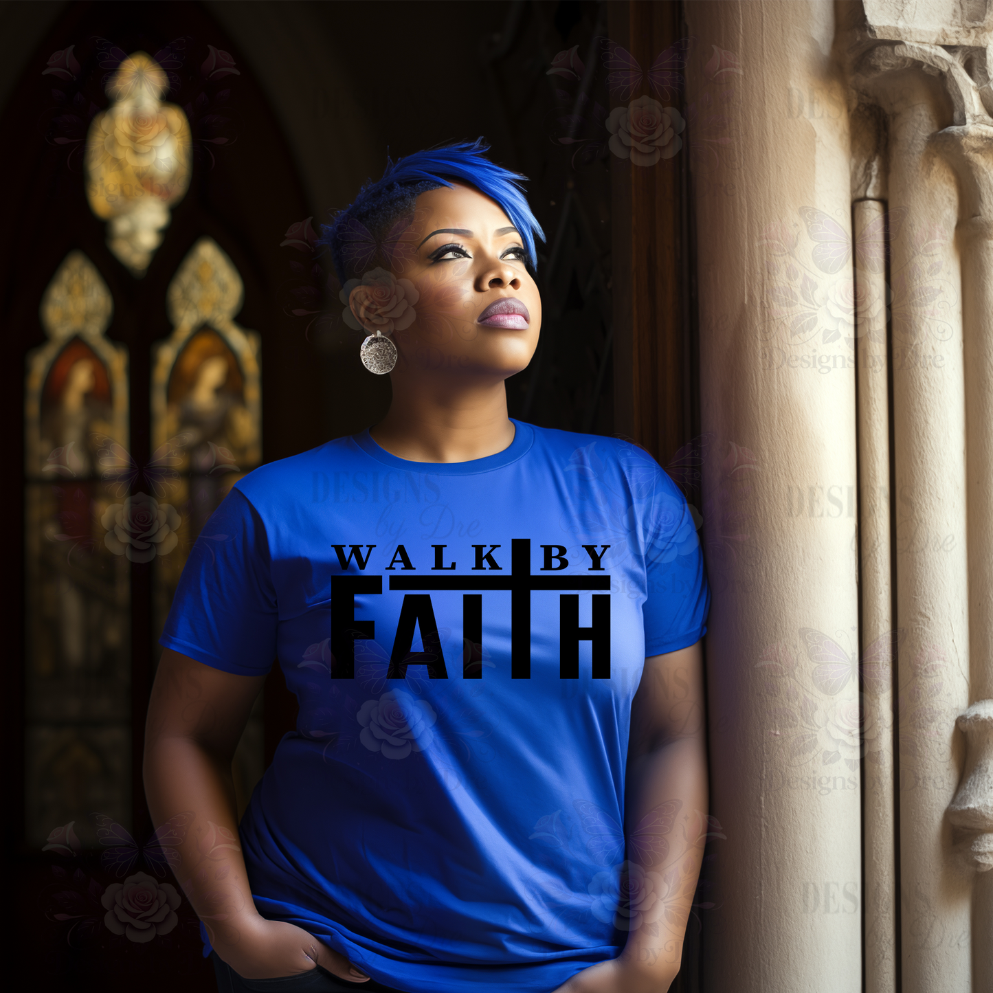 "Black ink screen print with 'Walk by Faith' printed in bold, stylish font, inspiring faith and positivity."